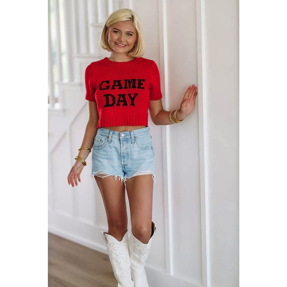 Day + Moon Collegiate Game Day Deep Red Cropped Sweater Top NEW Sz L